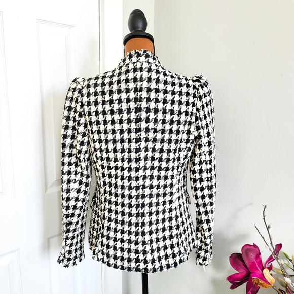ZARA DOUBLE BREASTED TWEED FRINGE HOUNDSTOOTH BLAZER - Picture 9 of 12